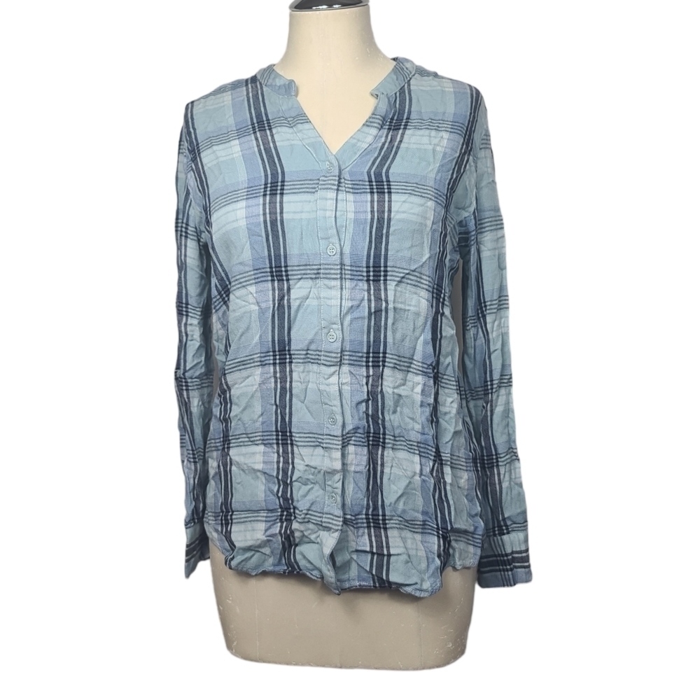 Philosophy Blue Plaid Button Down V Neck Shirt S